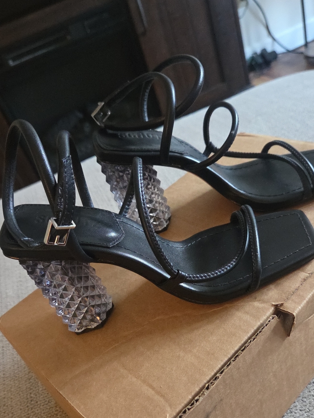 Black Strappy Heels with Sculpted Clear Gem-Textured Block Heel